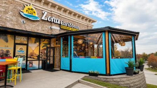 Motorized retractable screen enclosure installed at Zona Caribbean restaurant in Georgia