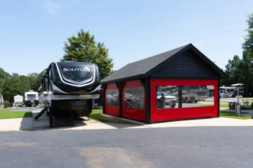 MagnaTrack dual-track system showing mosquito mesh and vinyl panels,