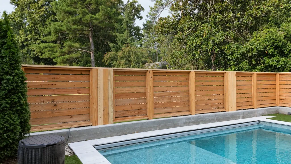 Pool and privacy fence before the retractable awning installation
